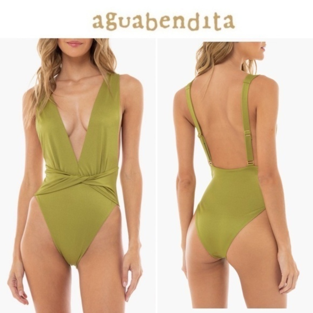 Agua Bendita Ellis Twist Front Plunge One-Piece Swimsuit sz XL Olive Green NWT